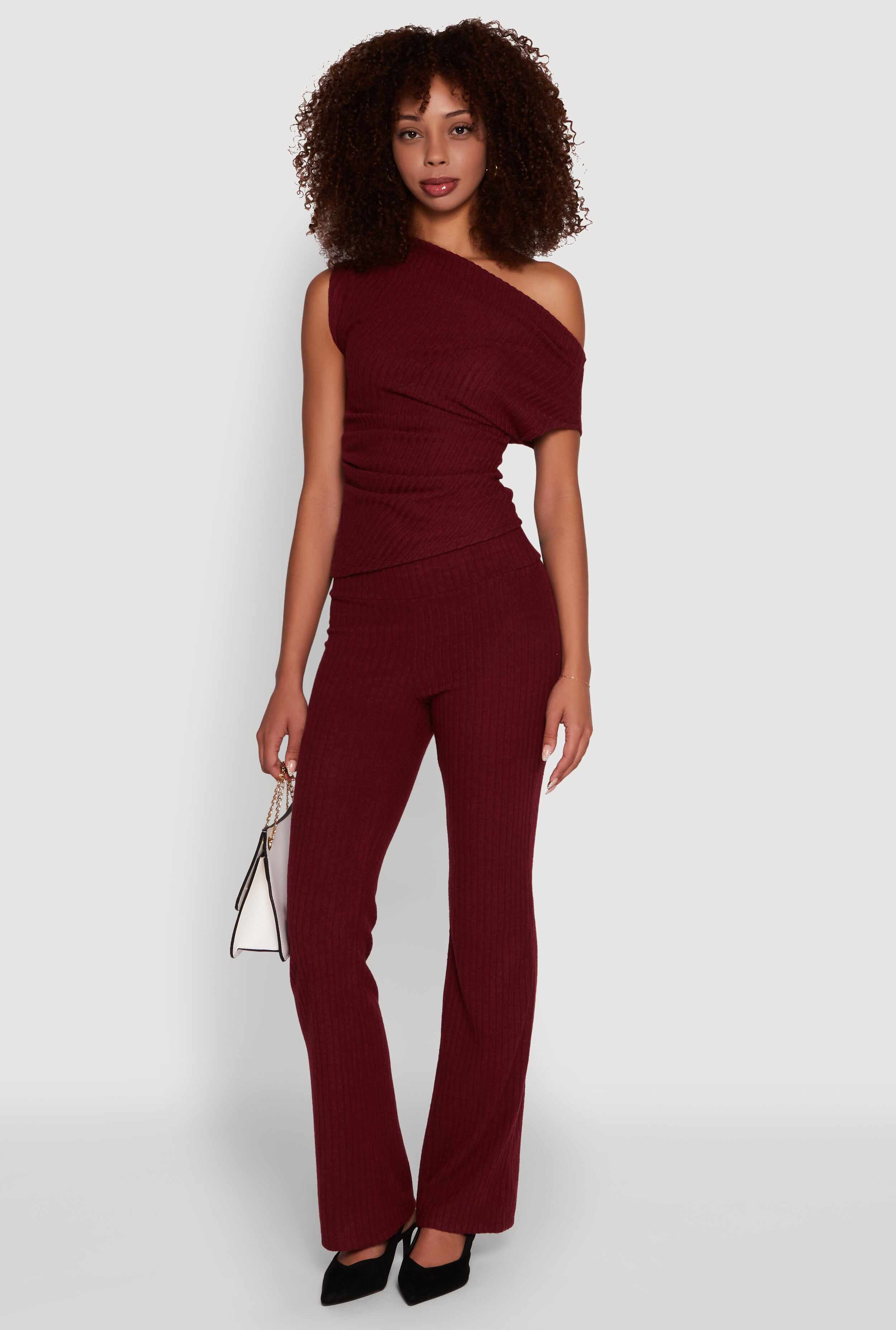 Ribbed Knit Solid One Shoulder Blouse
