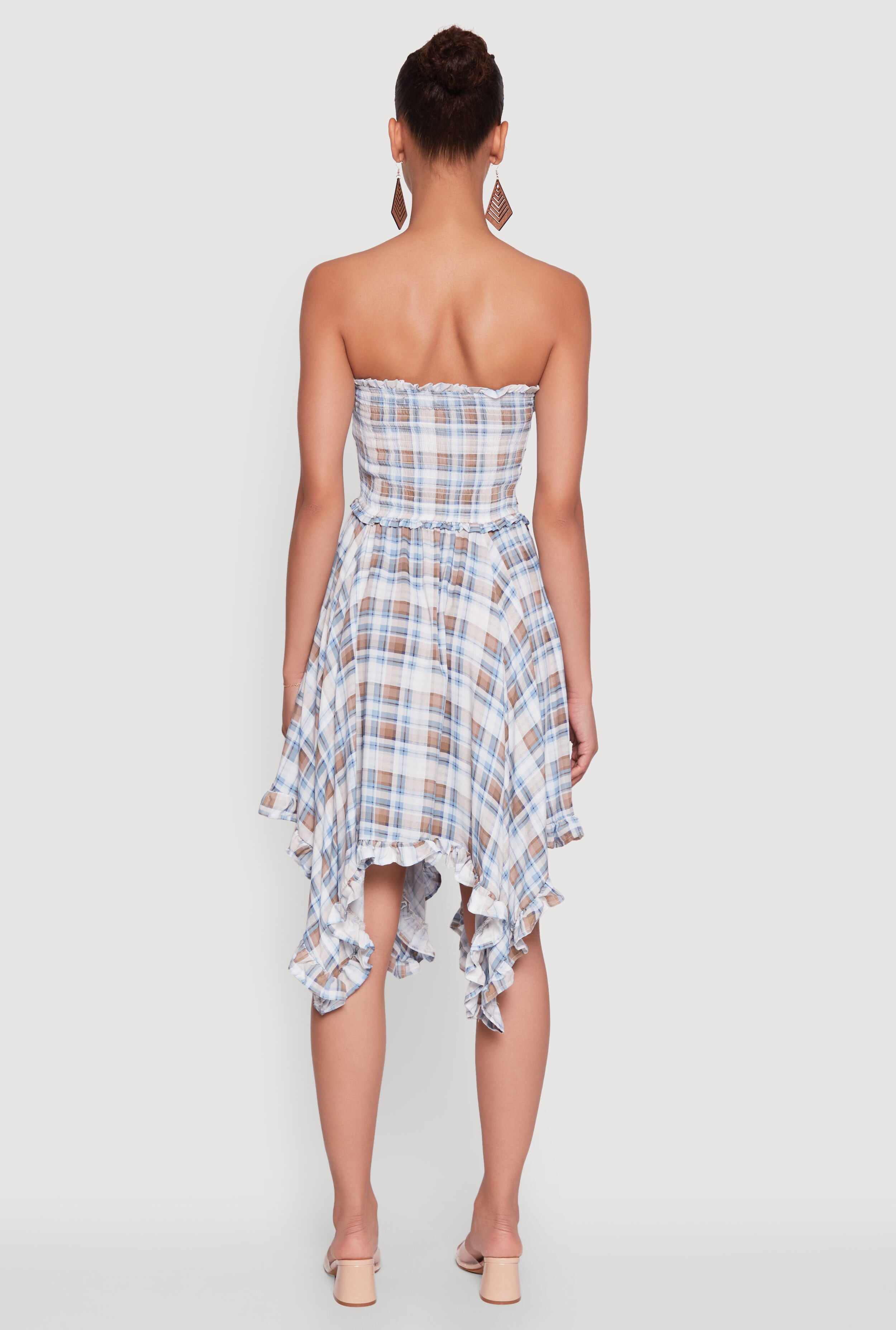 Plaid Smocked Handkerchief Hem Tube Dress