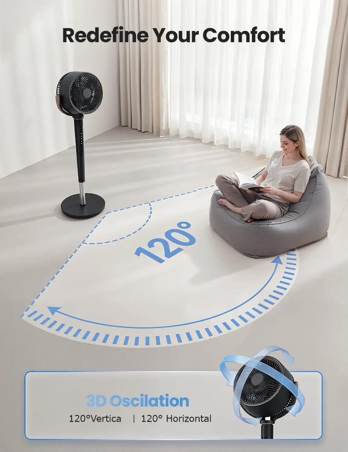TEHANLD Fan for Bedroom, 120° Oscillating Standing Fans, Quiet Floor Fan with DC Motor, 100ft Pedestal Fans for Room, 16 Speeds, 4 modes, 20dB, 37-45