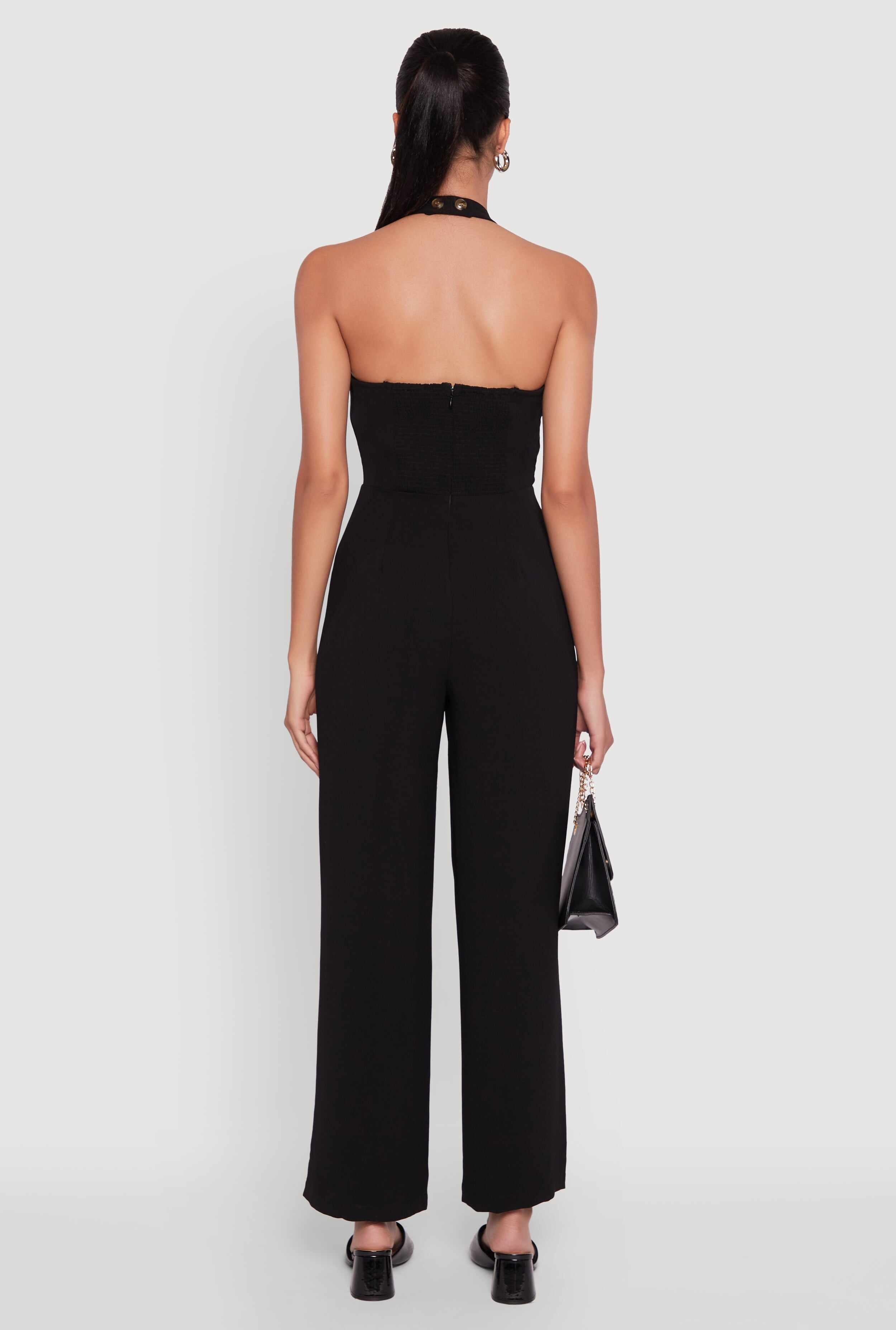 Crepe Knit Button Front Halter Jumpsuit