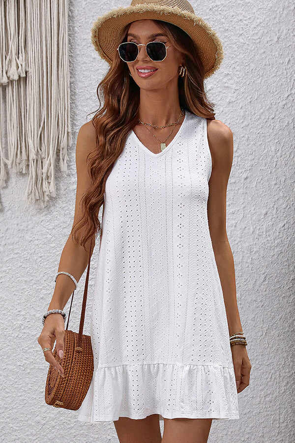 Fashion Solid White Ruflle Hem Mini Dress
