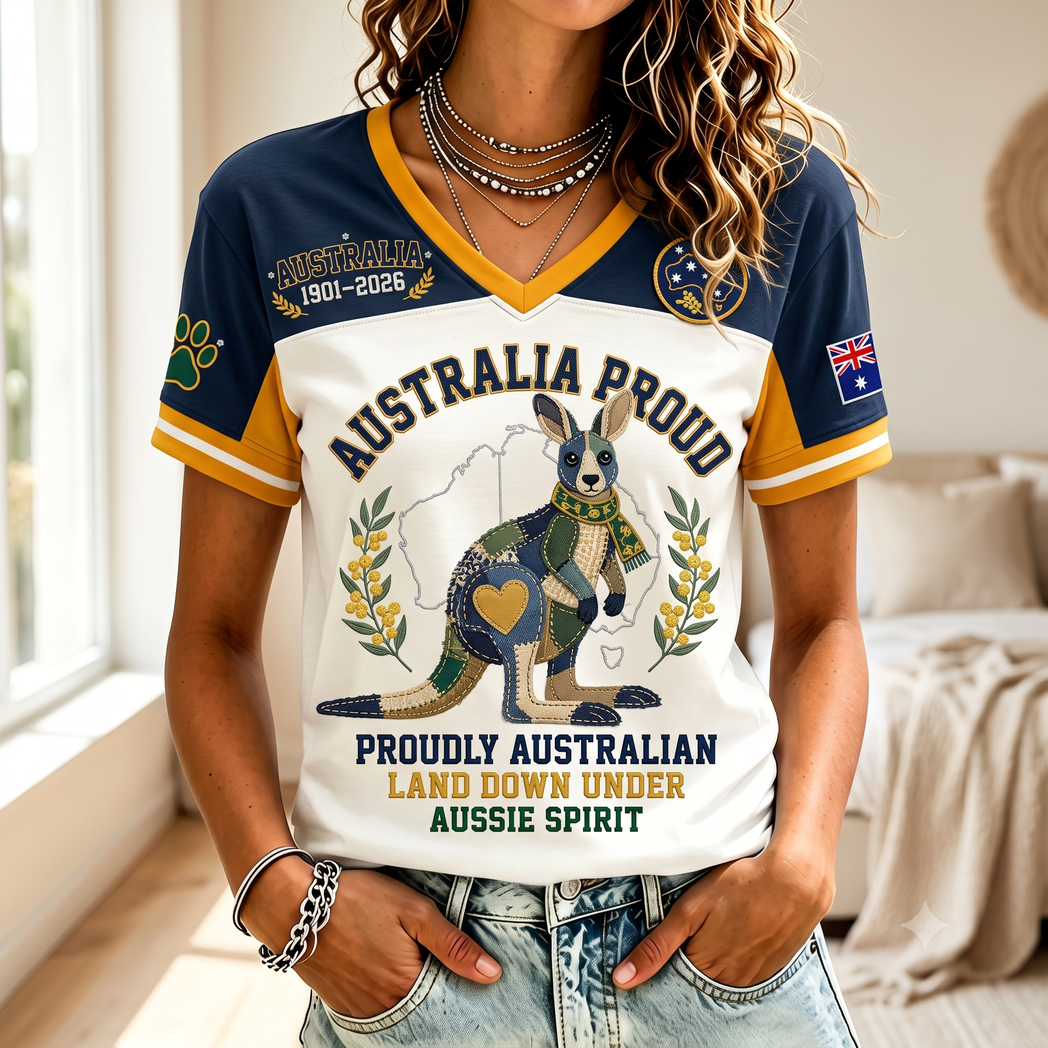 Printed Casual V-neck Short-sleeved Kangaroo T-shirt