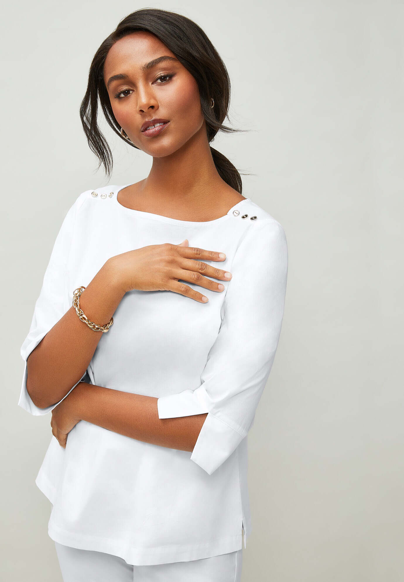 Stretch Poplin Button Boatneck Tunic
