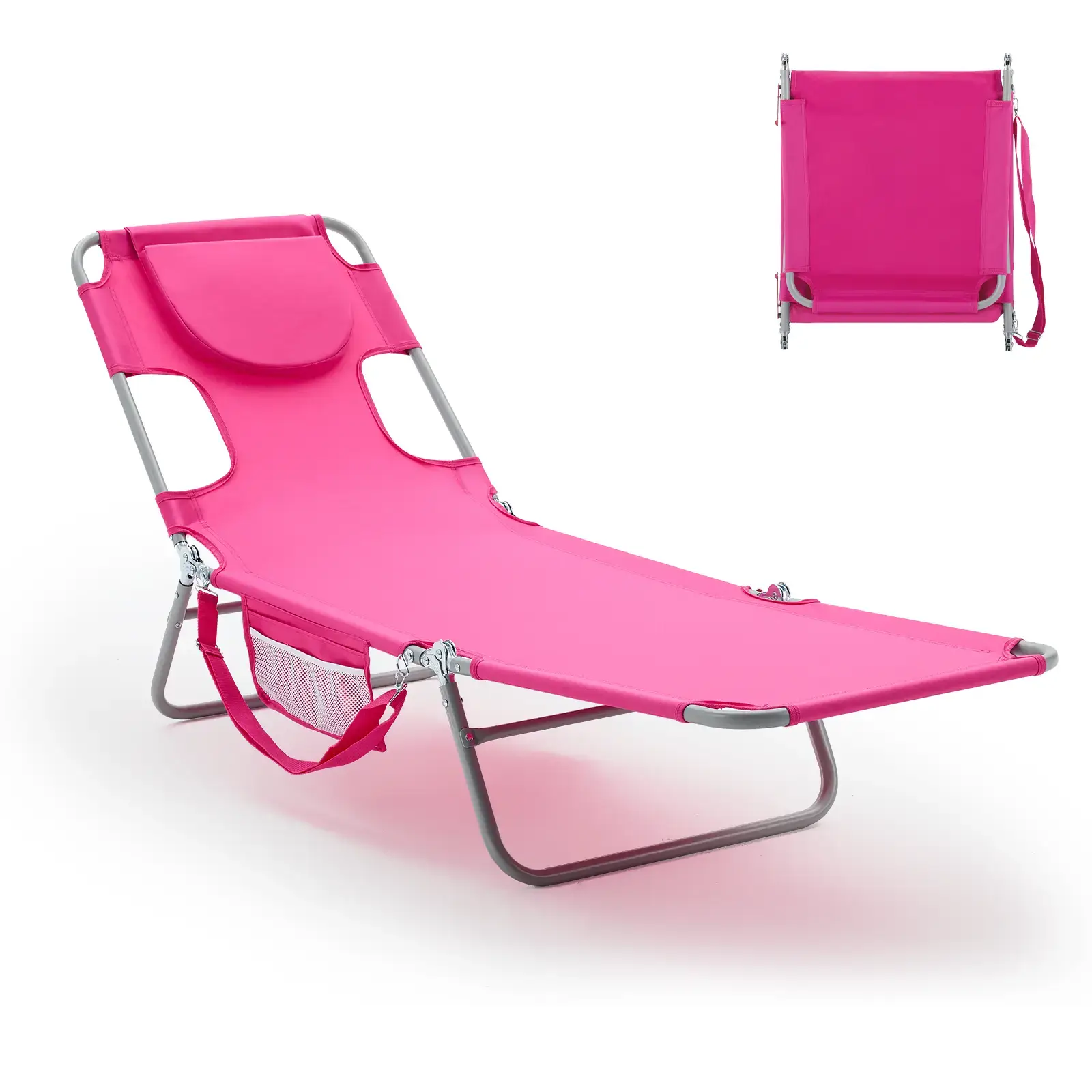 Folding Adjustable Chaise Lounge Chair, Portable Beach Lounge Chair with Backpack Straps & Side Pocket for Outside, Patio, Poolside, Lawn