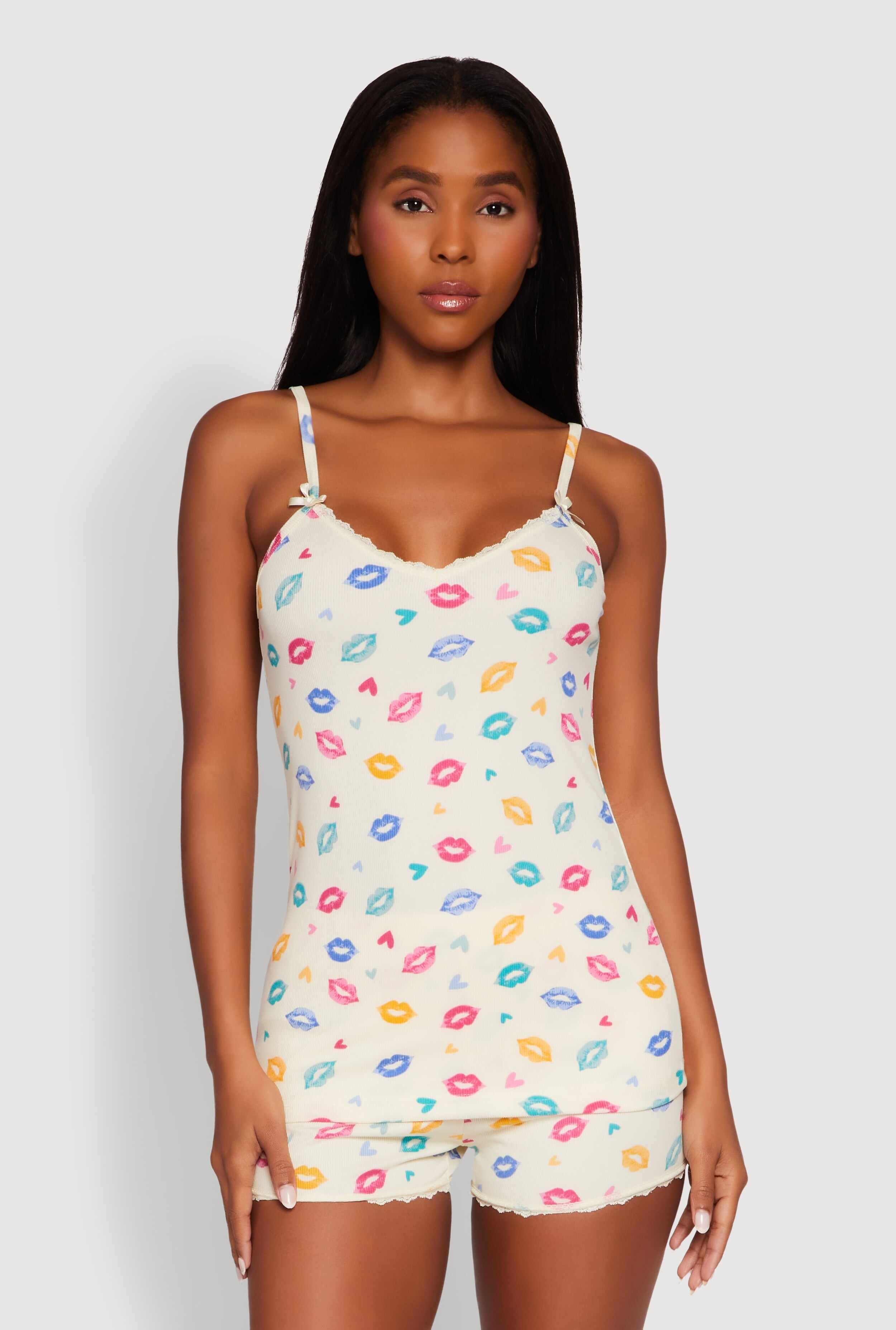 Heart Lip Print Pajama Cami and Shorts Set