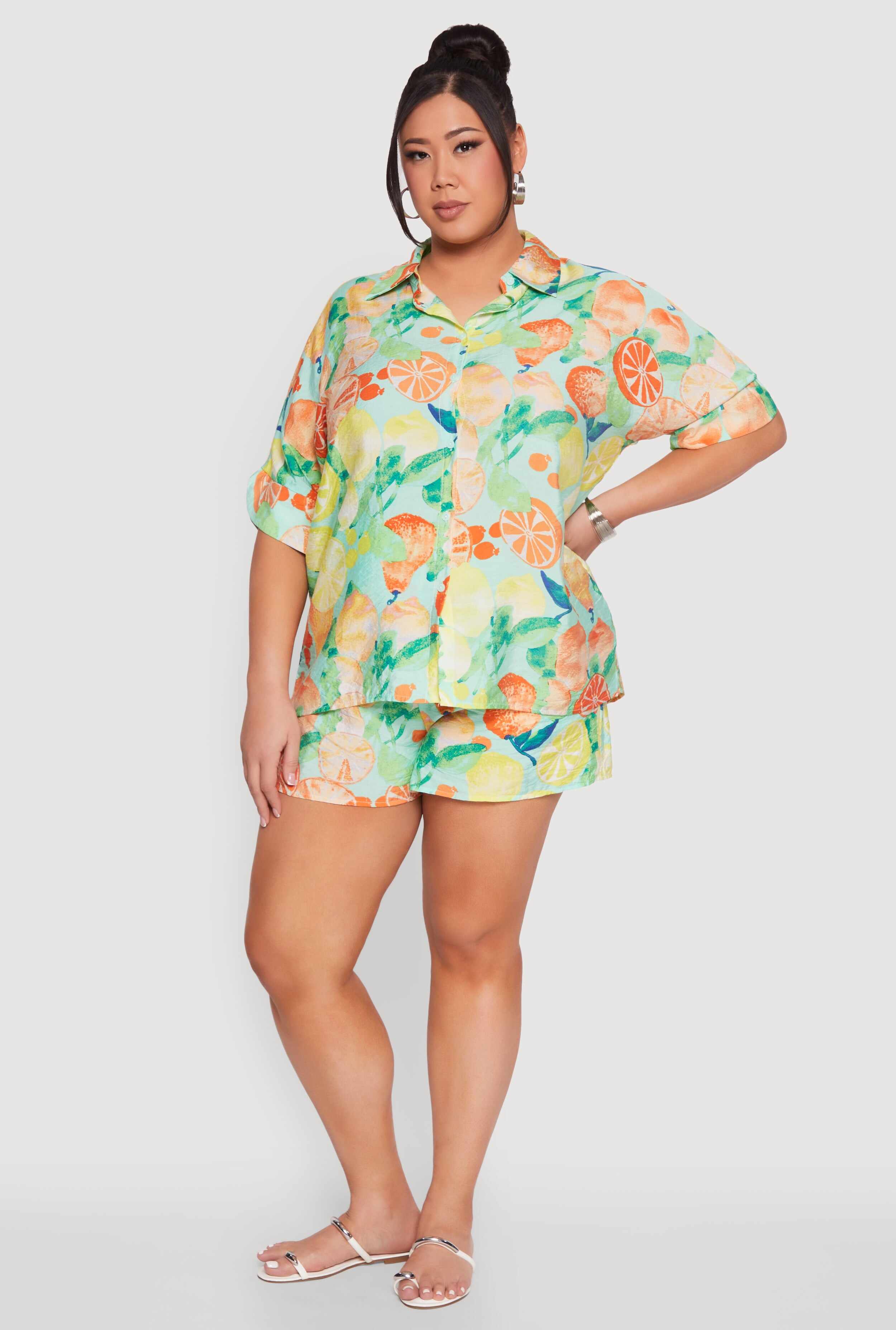Plus Size Airy Fruit Print Shorts