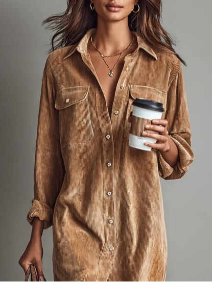 Loose Corduroy Double Chest Pocket Single Breasted Midi Dress