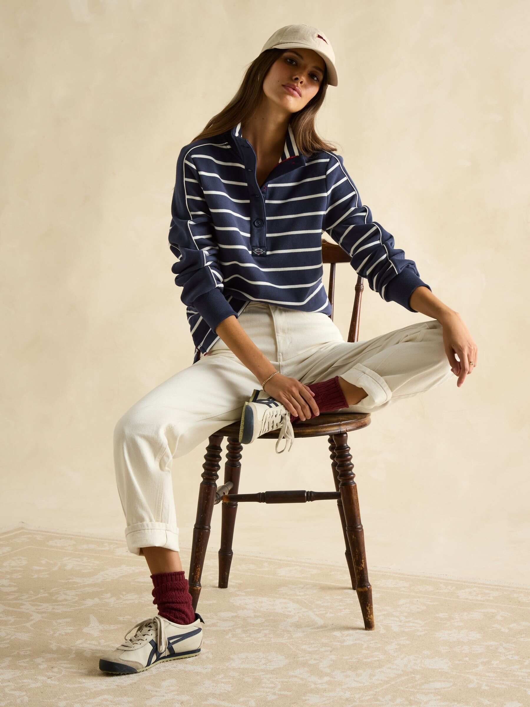 Southwold Navy Blue & Cream Cotton Button Down Striped Sweatshirt