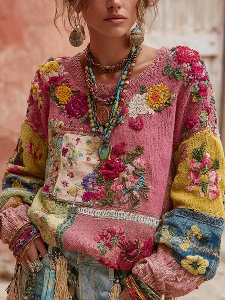 Women's Vintage Floral Embroidery Patchwork Art Pullover Cozy Knit Sweater