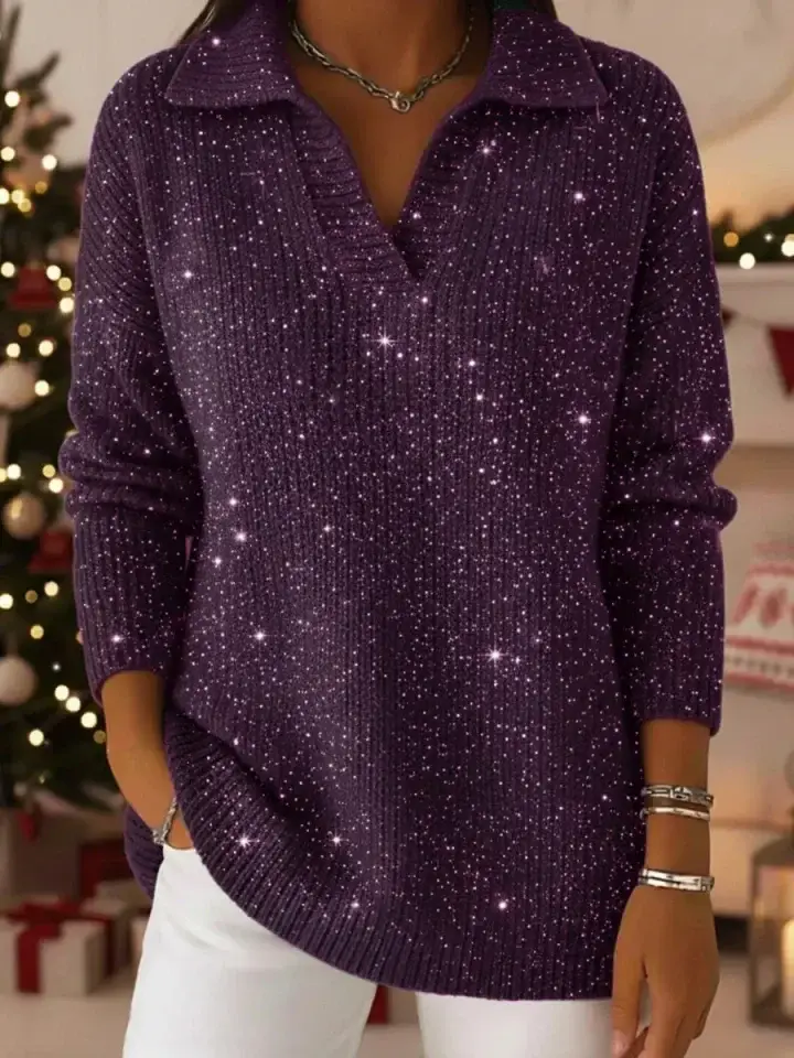 🔥Summer Arrivals🌟Christmas Party Polo Collar Shiny Loose Sweater Top