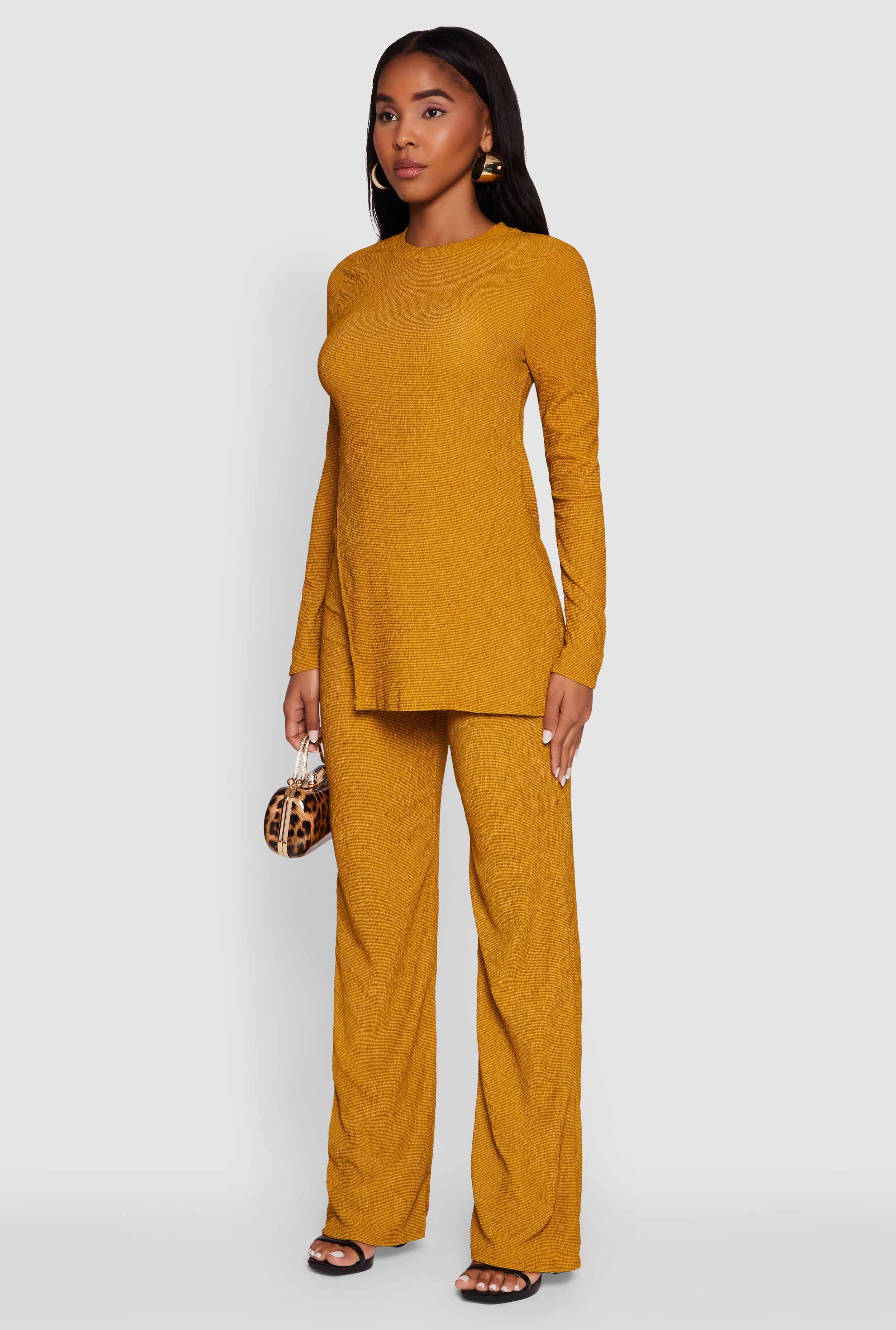Seersucker Crew Neck Side Slit Long Sleeve Top
