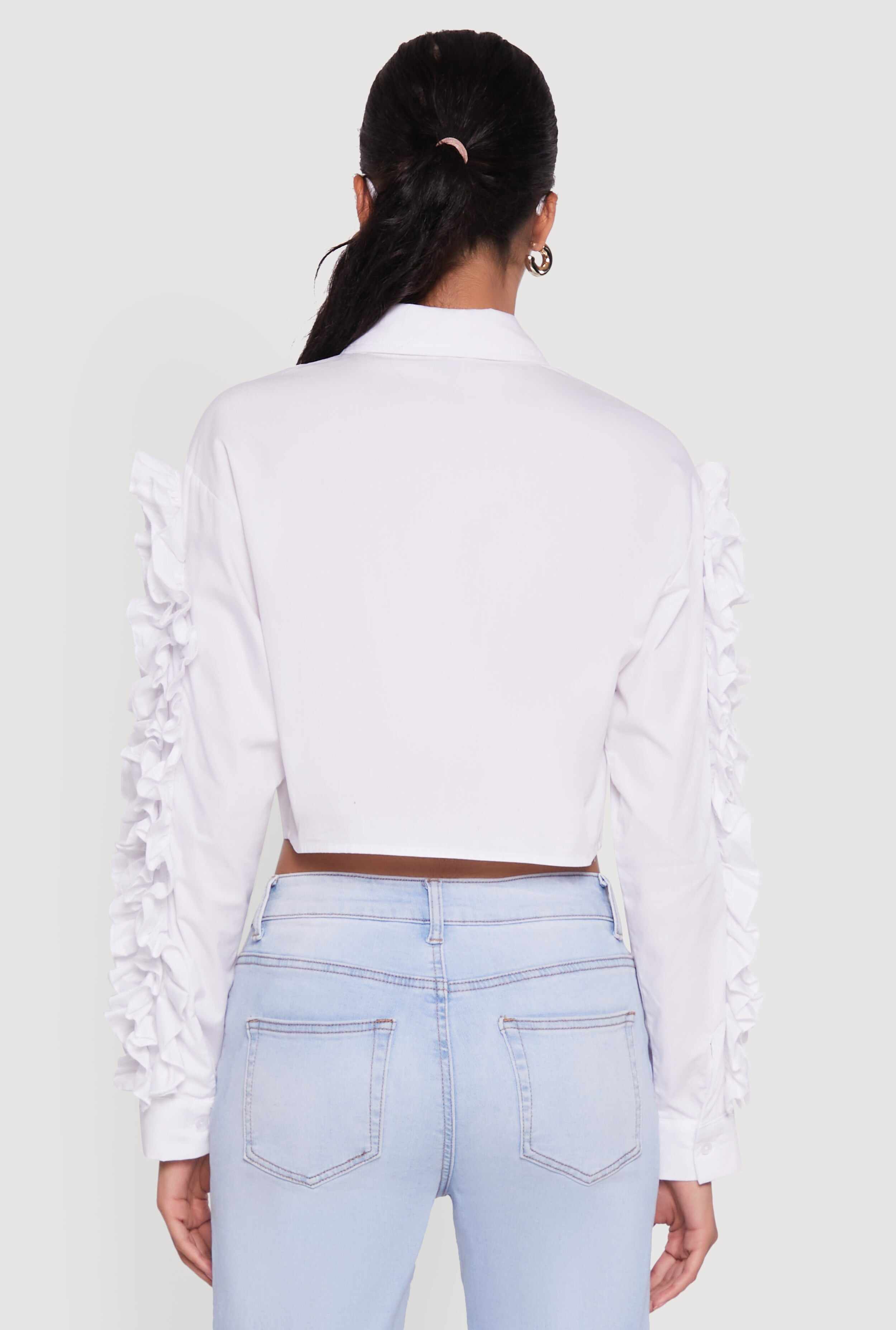 Ruffle Trim Sleeve Cropped Button Front Shirt