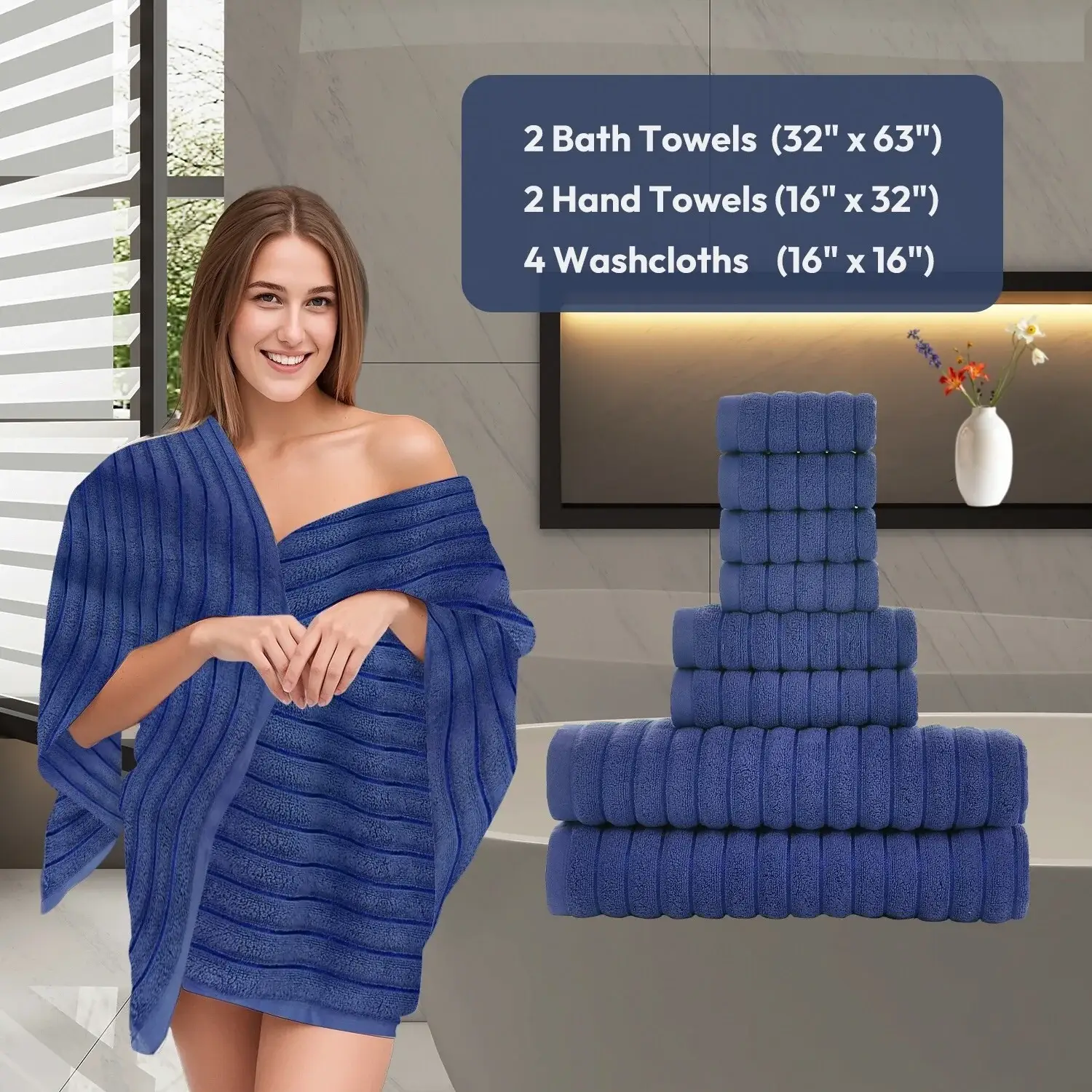8 Piece Oversized Bath Towel Set, 100% Cotton Bath Towels, Highly Absorbant Bordered Towels