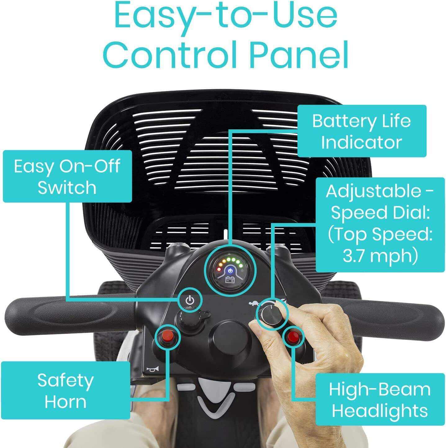 Vive 4 Wheel Mobility Scooter - Electric Powered Wheelchair Device - Compact Heavy Duty Mobile for Travel, Adults, Elderly - Long Range Power Extended Battery with Charger and Basket Included