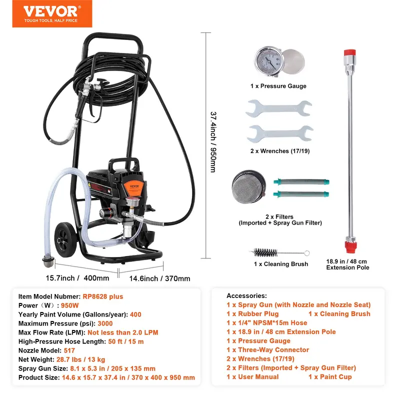 3000PSI High Pressure Airless Paint Sprayer, 750W Handheld Painting Machine with Hose, Stand Type Paint Gun for Interior Exterior Wall Furniture Fences