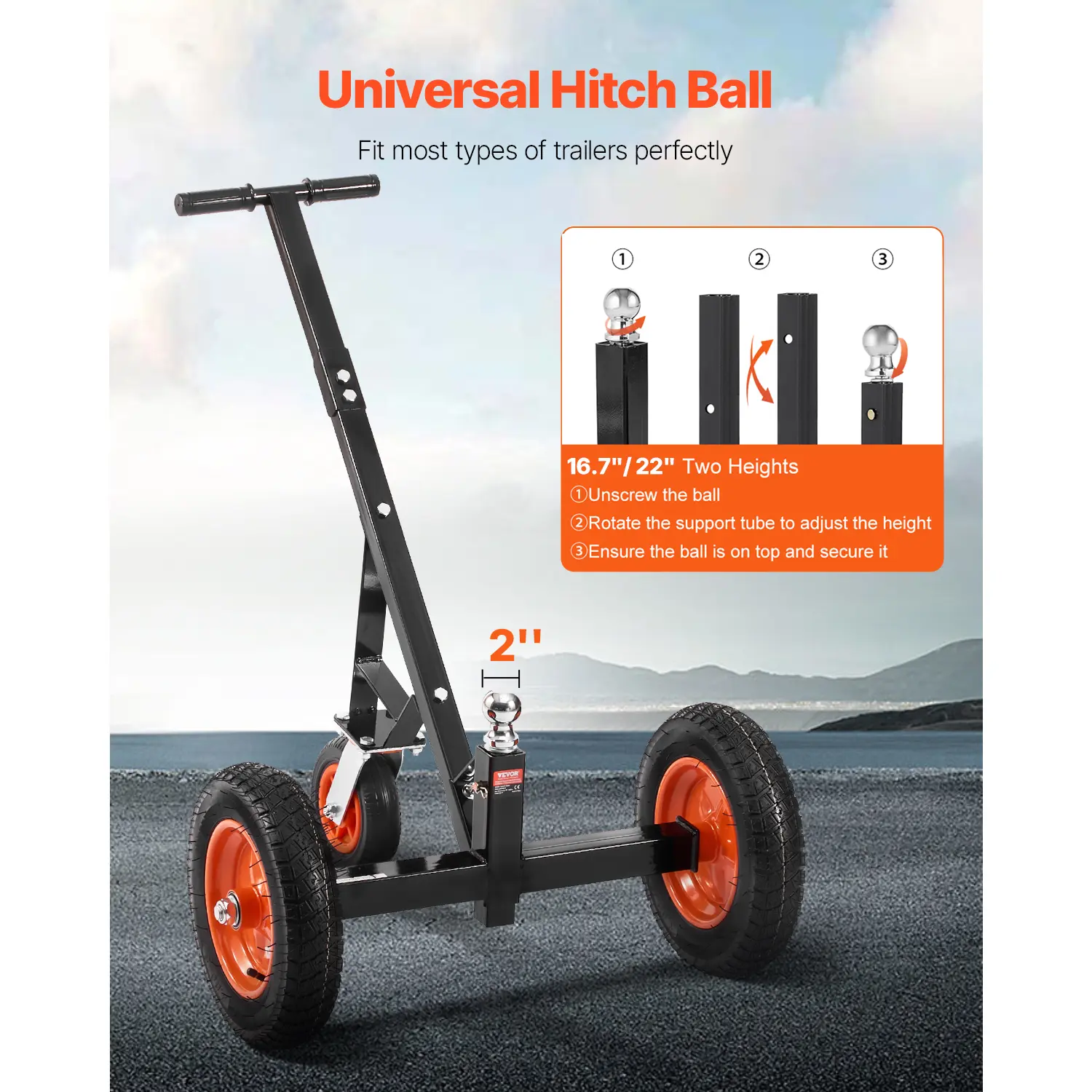 Trailer Dolly, Max. 15000lbs Towing Capacity, 2 in 1 Trailer Mover with 22'' / 26'' Height & 2'' Ball, 16'' Pneumatic Tires & Universal Wheel, for Moving Car RV