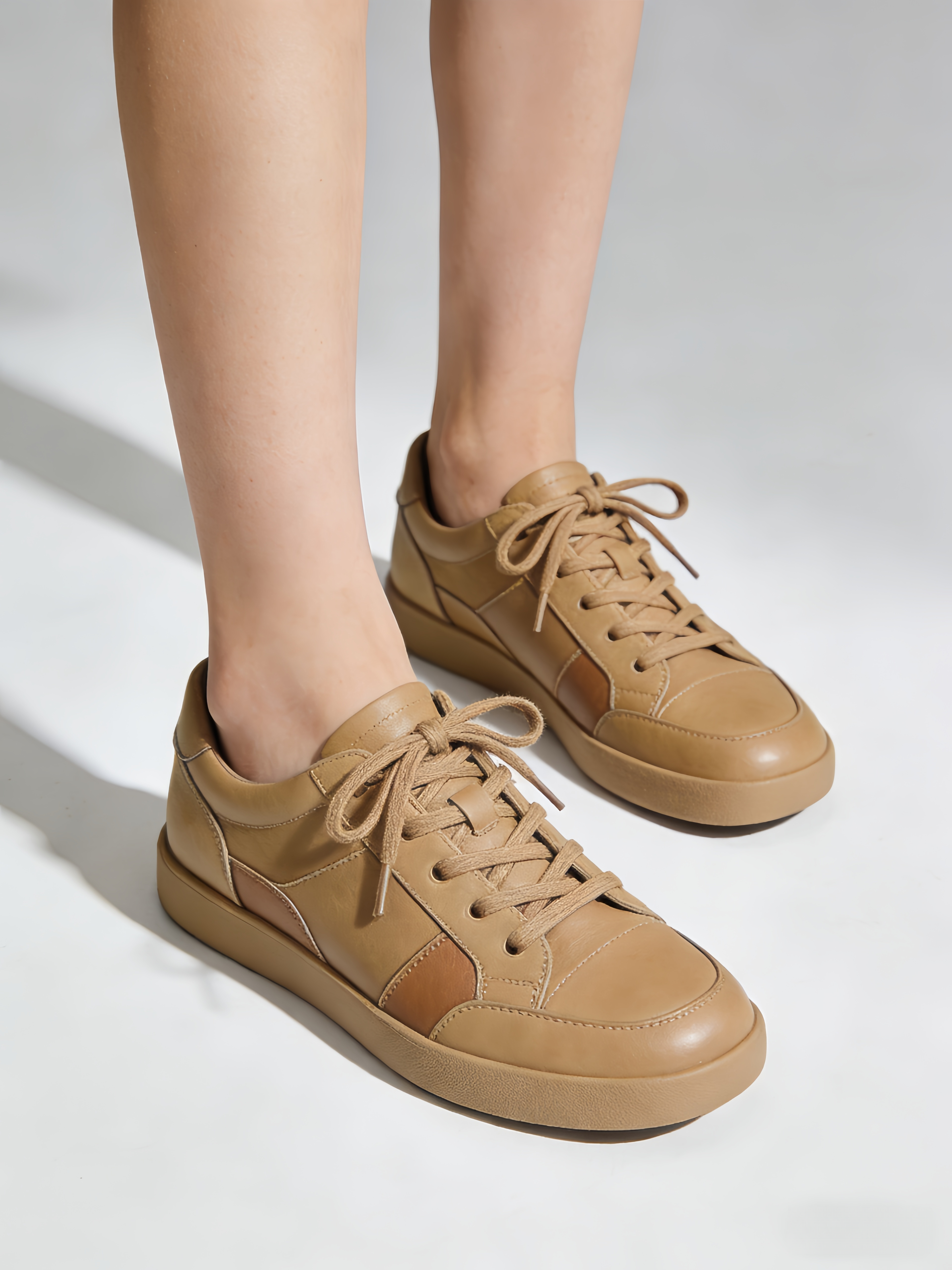 Casual Lace Up Splicing Flat Shoes Khaki Cowhide Leather