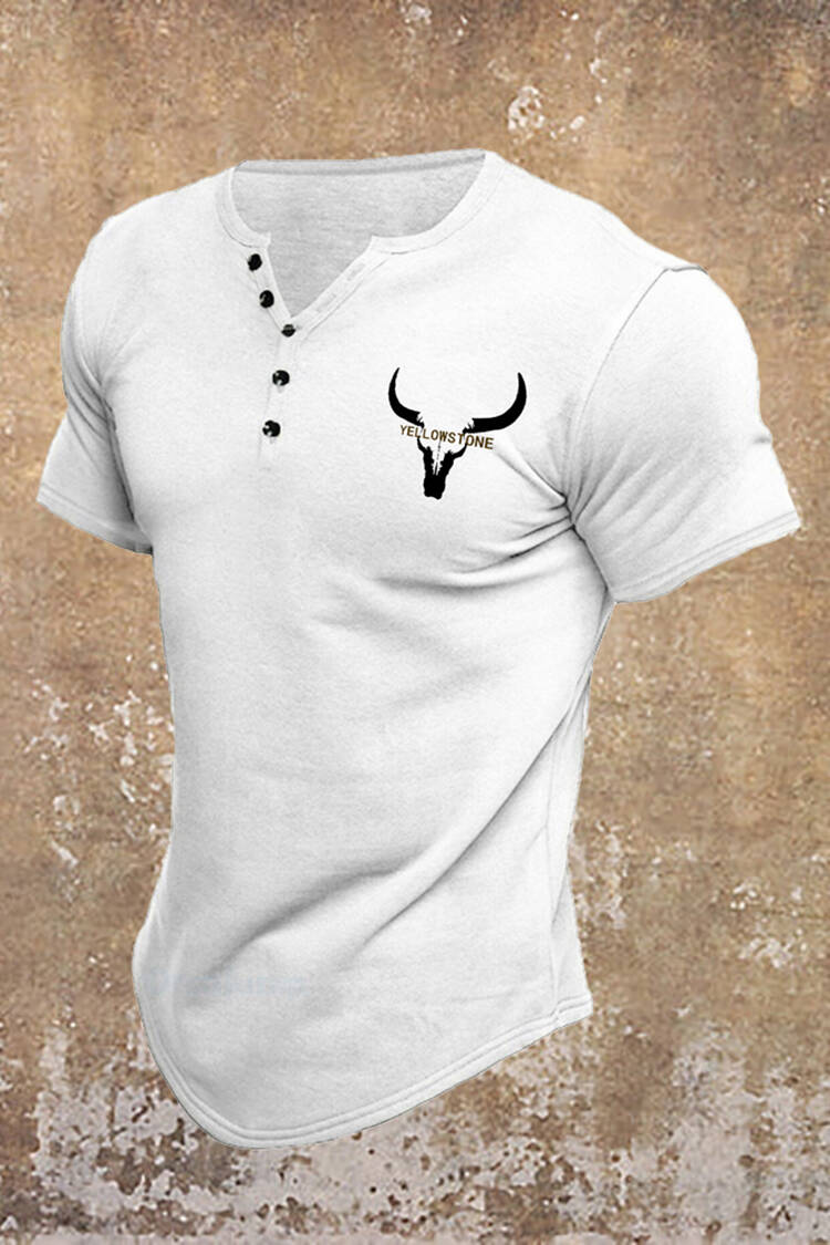 Casual White Bull Head Print Henley Collar T-Shirt