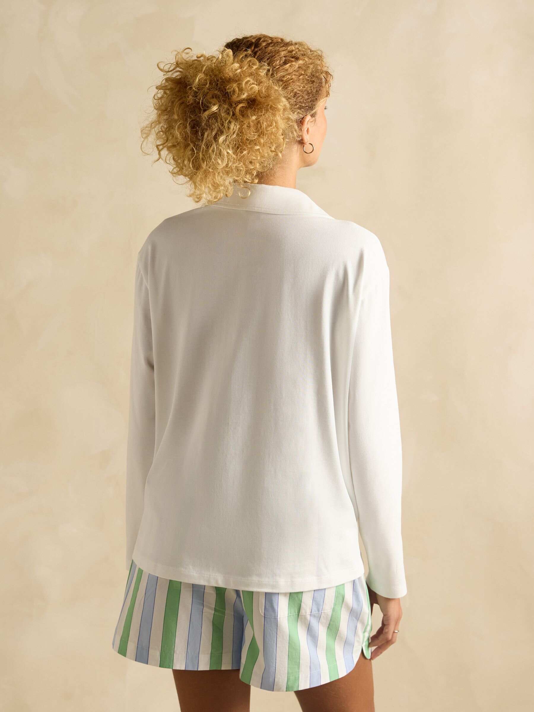 Tallie Chalk Long Sleeve Combed Cotton Collared Top