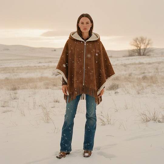 Carhartt Women's Brown Faux Suede Hooded Cape With Shearling Lining And Fringe Details