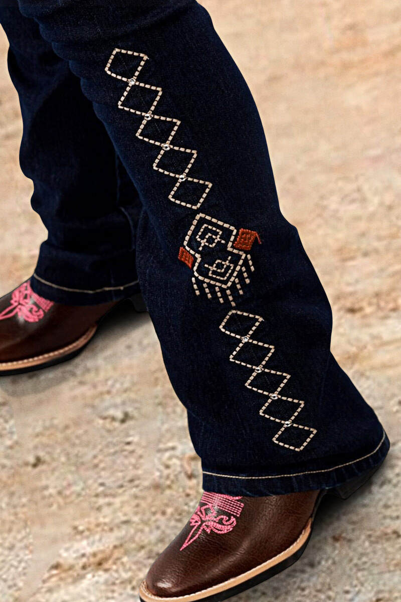 Wash Geo Embroidery Rhinestone Decor Mid Rise Bootcut Jeans Without Belt