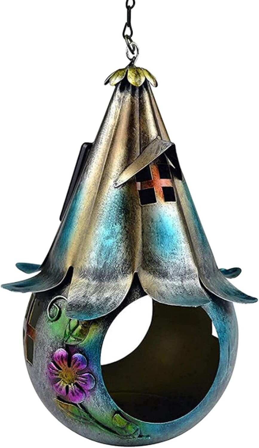Solar Powered Hanging Pendant Iron Art Bird Feeder Decorative Weatherproof for Yard Outside Outdoor