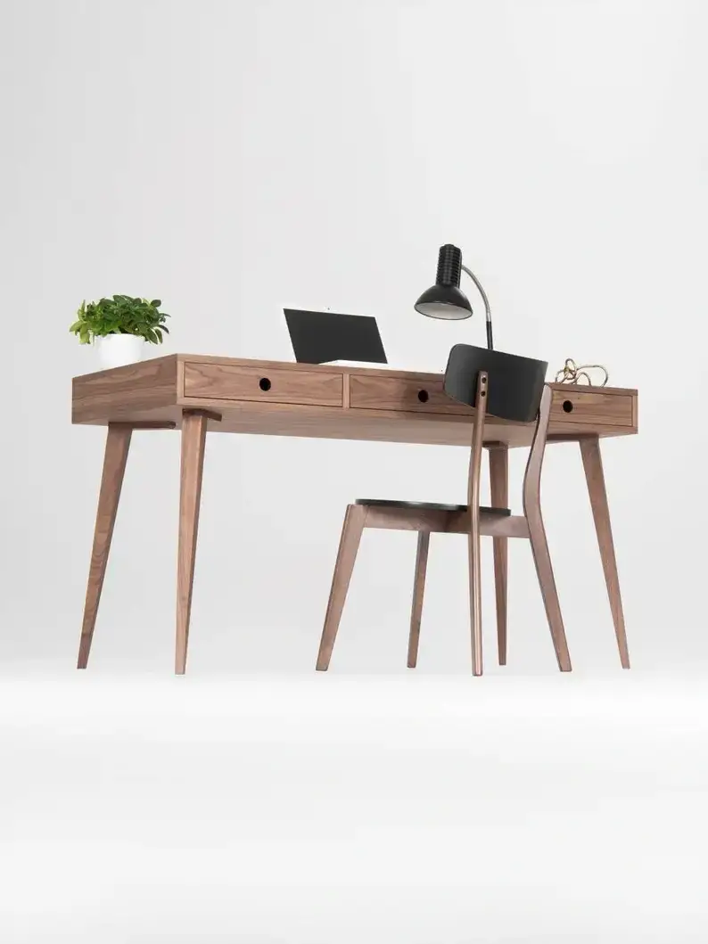 Wooden desk, mid century modern, walnut desk with three drawers;Send 1 stool(pictured)