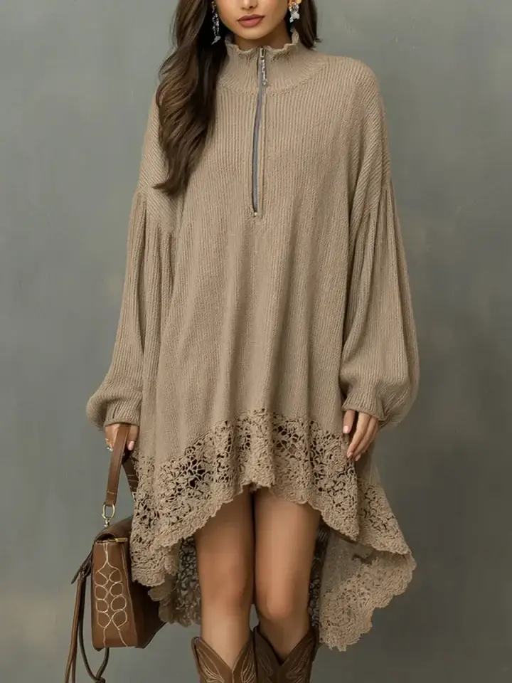 🔥Summer Arrivals🌟Women's Solid Color Stand-collar Long-sleeved Casual Loose Knit Dress With Lace Trim.