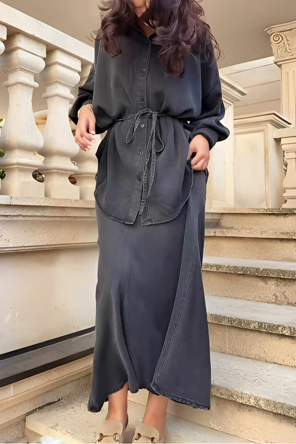 Long-sleeved Tie-Drawstring Shirt and Skirt Set