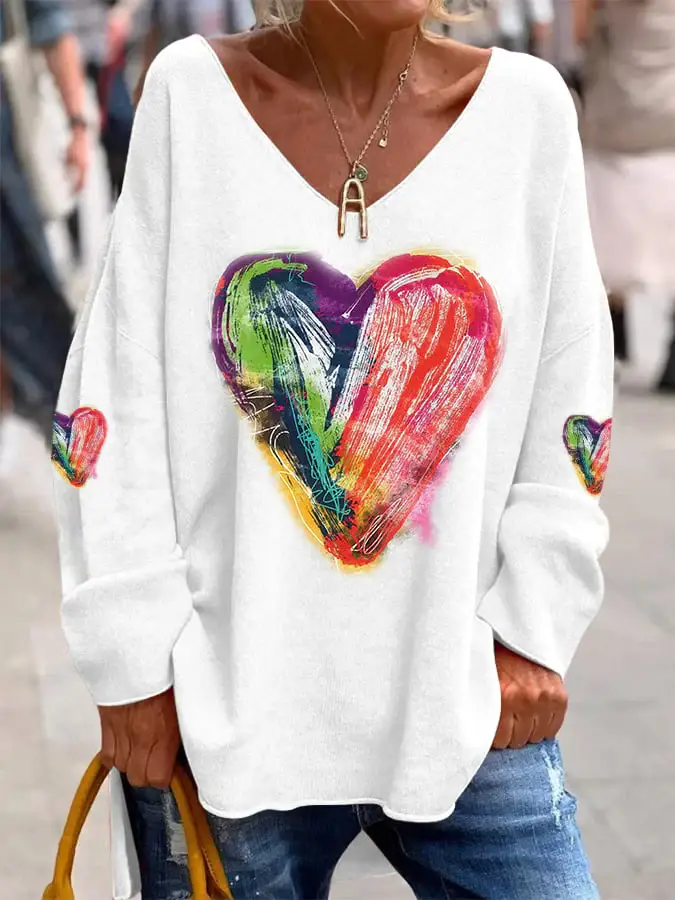 Women's Valentine��s Day Love Heart Print Casual V-Neck Top