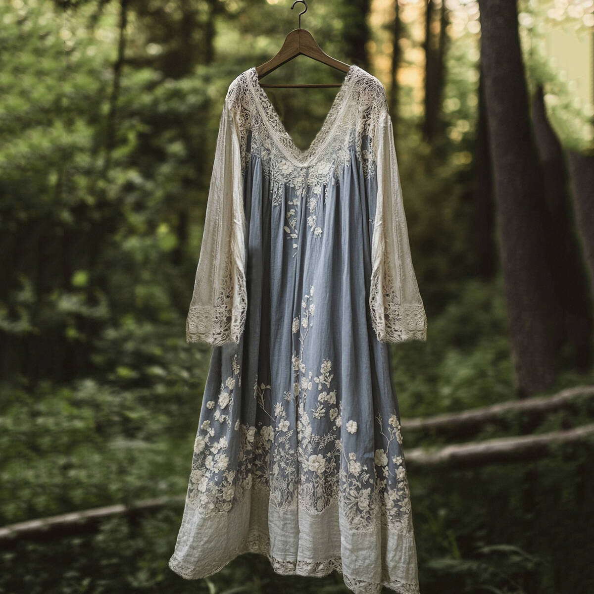 Vintage Floral Embroidered Pattern Linen Contrast Color Maxi Dress