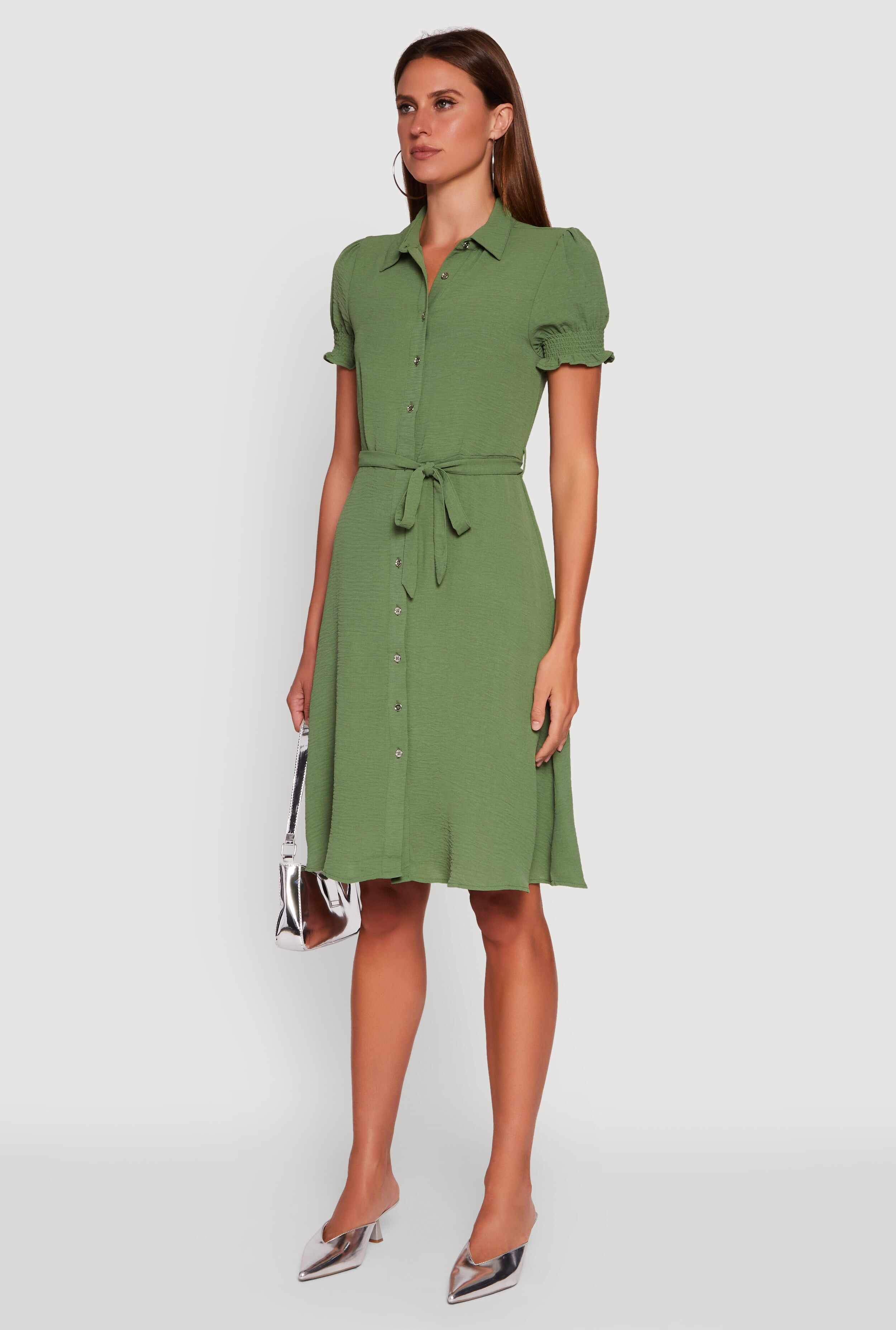 Crepe Knit Puff Sleeve Shirt Dress