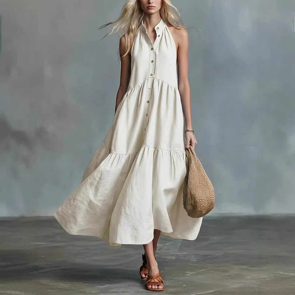 Sleeveless Casual Loose Linen Button Vest Dress
