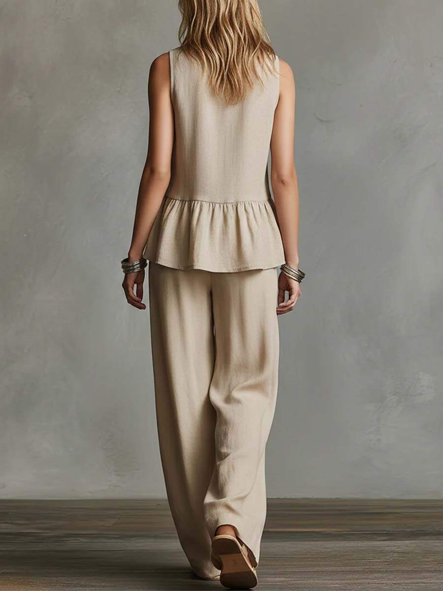 🔥Summer Arrivals🌟Women's Round Neck Sleeveless Casual Loose Cotton Top And High Waist Casual Loose Wide Leg Pants Set