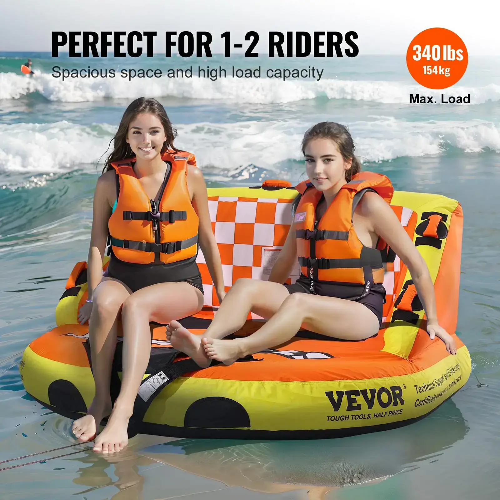 Towable Tube for Boating,  1-2 Riders Inflatable Towable Tubes with Deck Seats and Backrest, 340 lbs Water Sport Tube for Boat to Pull, Full Nylon Cover, EVA Grab Handles and Speed Safety Valve