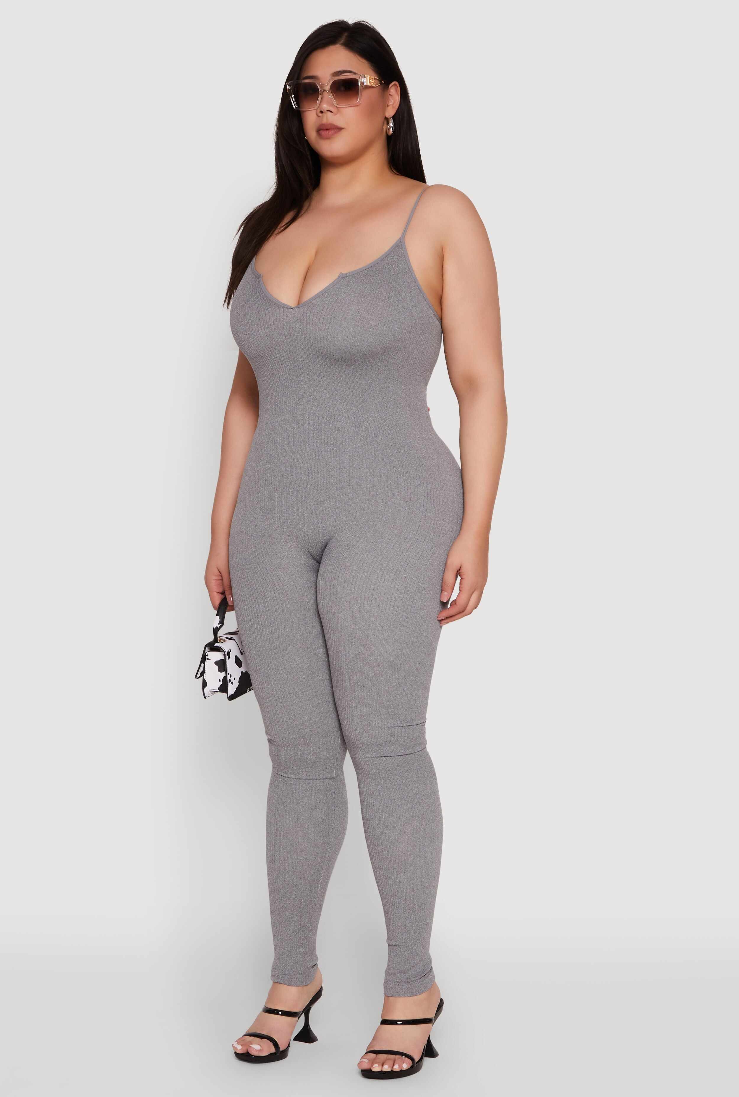 Plus Size Ribbed Knit Sleeveless Jumpsuit with Notch Neck