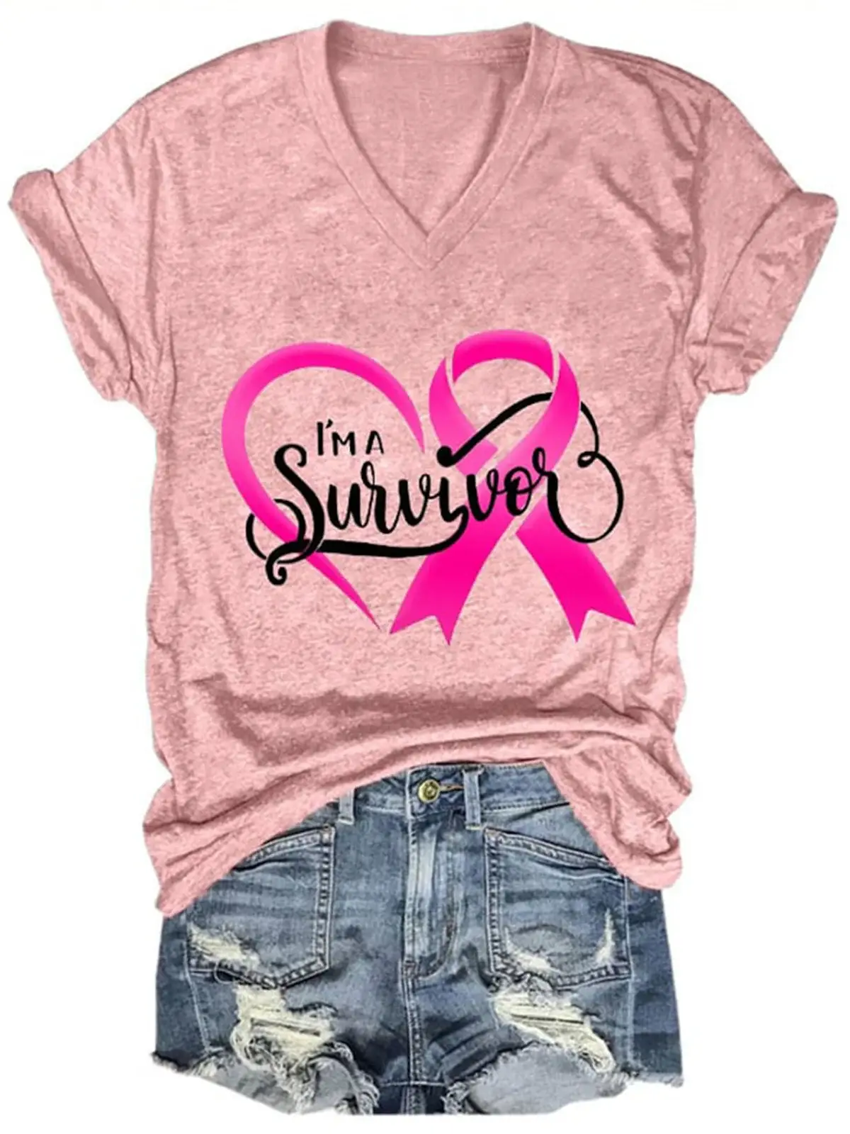 Breast Cancer Red Ribbon Awareness V-Neck T-Shirt