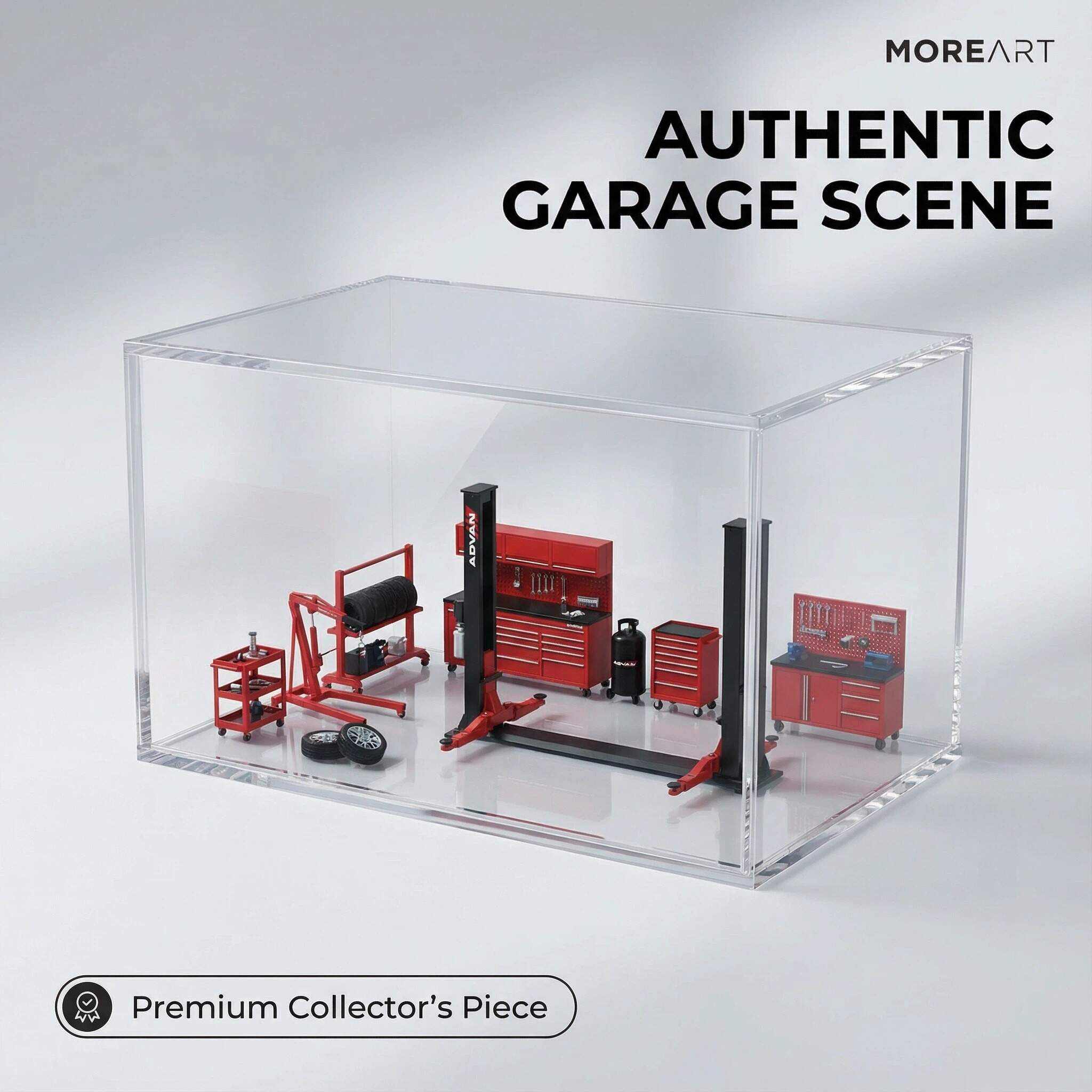 1:64 Scale ADVAN Racing Workshop Diorama Display Case – Acrylic Dustproof Showcase for Diecast Cars
