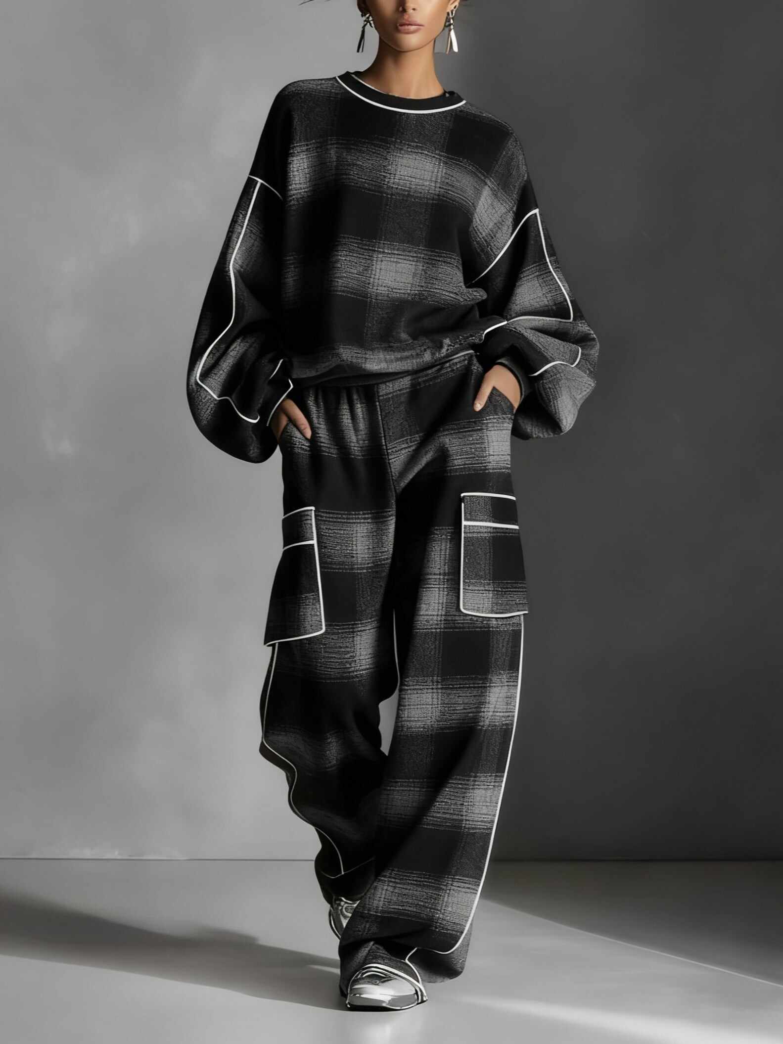 Red and Gray Plaid Color-blocked Sweatshirt and Casual Pants Two-piece set