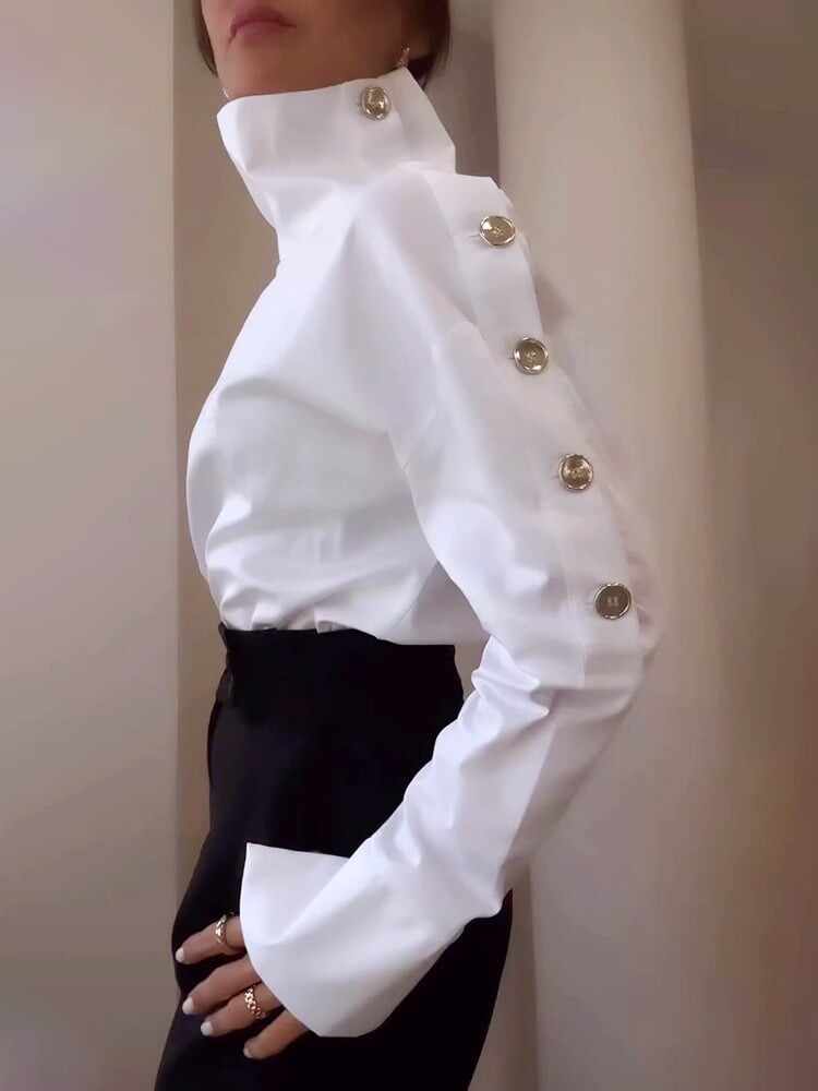 Women's High Collar Side Button Elegant Shirt