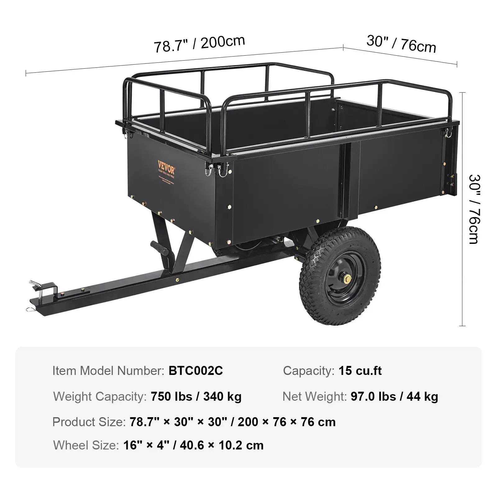 Heavy Duty Steel ATV Dump Trailer 1500-Pound Load Capacity 15 Cubic FeetTow Behind Dump Cart Garden Trailerwith Removable Sides and 2 Tiresfor MowersTractorsATVUTV