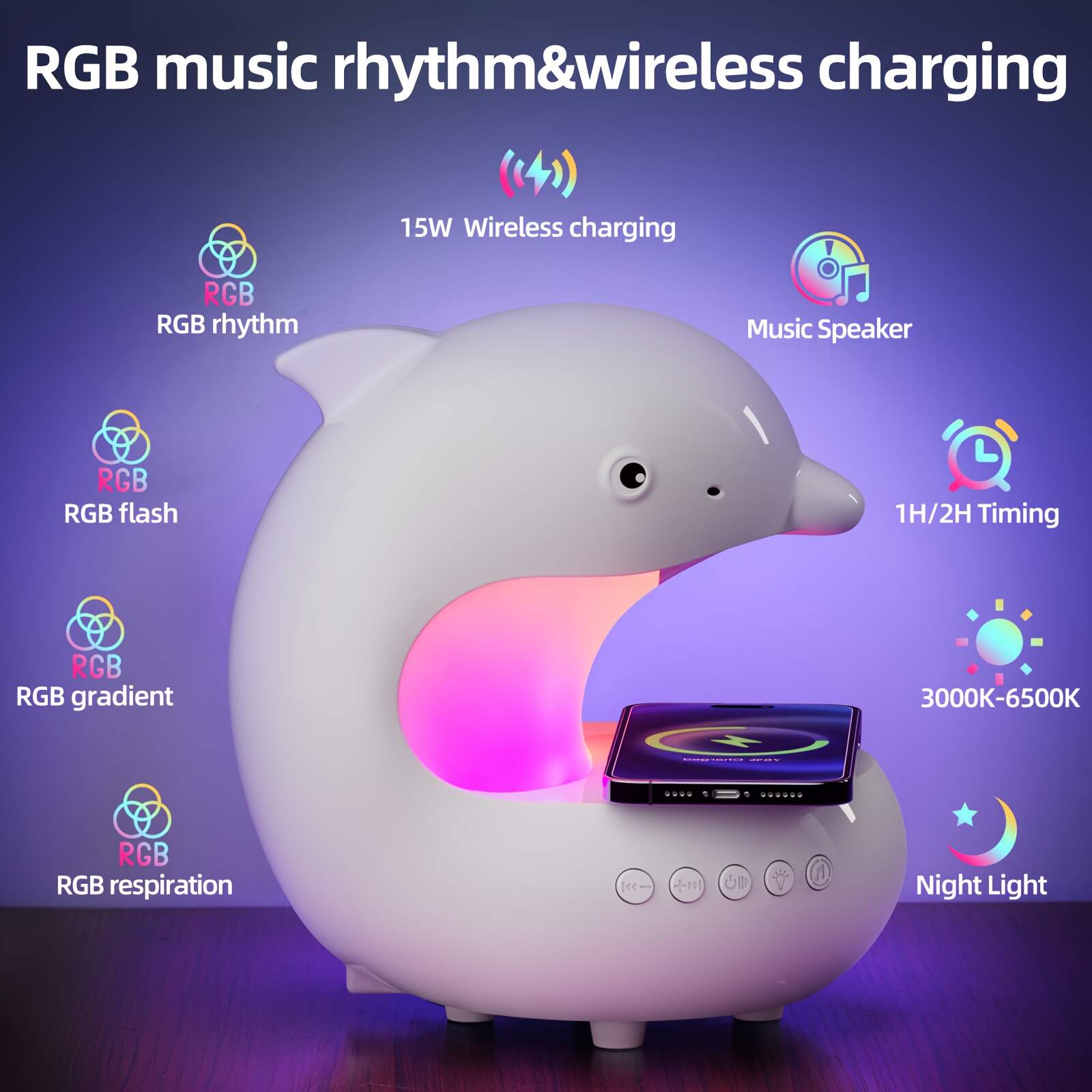 Wireless Speakers with Wireless Charging, Rhythm RGB Lights, 1200mAh Cute Dolphin Smart Lights, Bedroom Night Lights, dimmable Table Lamp, Perfect Gift Idea for Friends on Holidays & Birthdays