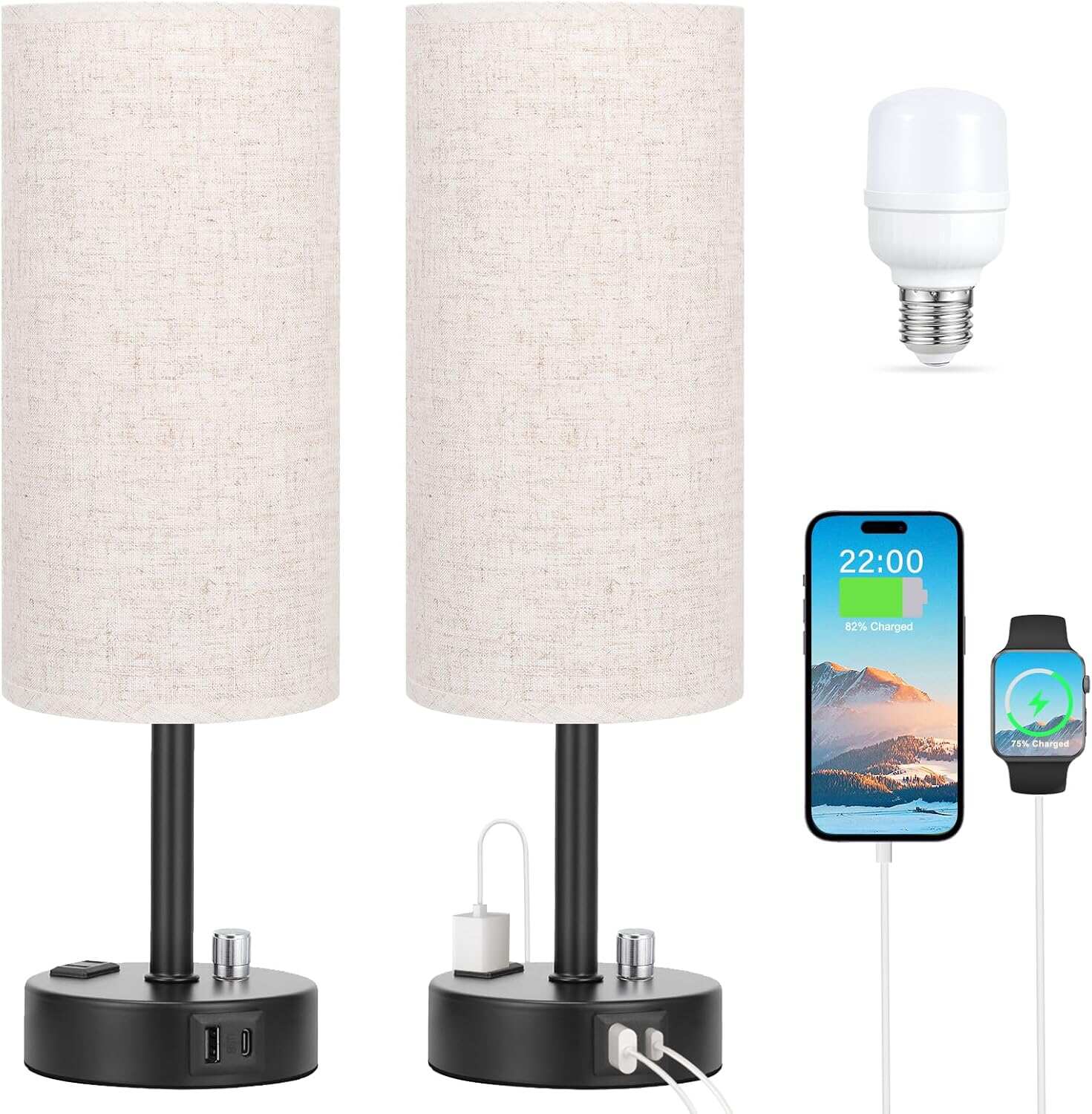 Bedside Table Lamp for Bedroom - 3 Way Dimmable Touch Lamp USB C Charging Ports and AC Outlet, Small Lamp Wood Base Round Flaxen Fabric Shade for Living Room, Desk, LED Bulb Included