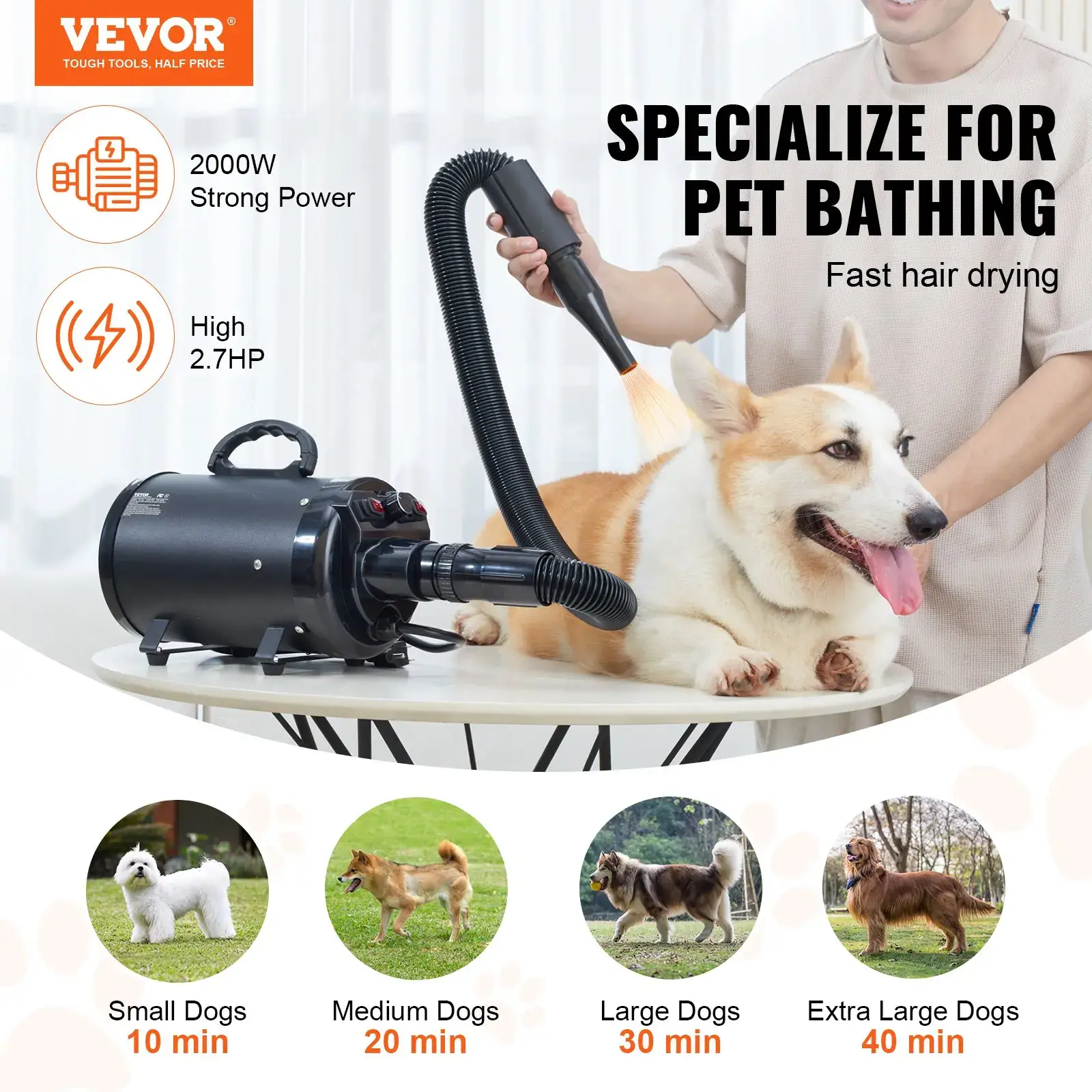 Portable 2000W Pet Dog Blow Dryer, 2.7HP Adjustable Speed & Temperature Control Pet Grooming Dryer with 4 Nozzles & Extendable Hose, Ideal Holiday Gift for Dog Owners