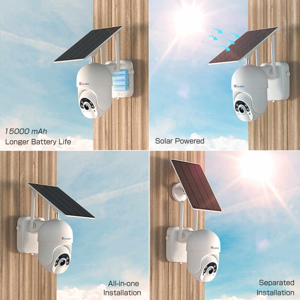 Ctronics 2K 3MP Solar Security Camera with Color Night Vision & 10000mAh battery