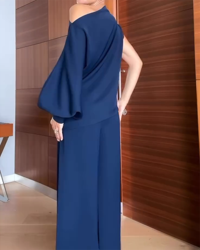 One-shoulder Off-the-shoulder Long-sleeved Top and Pants Two-piece Set