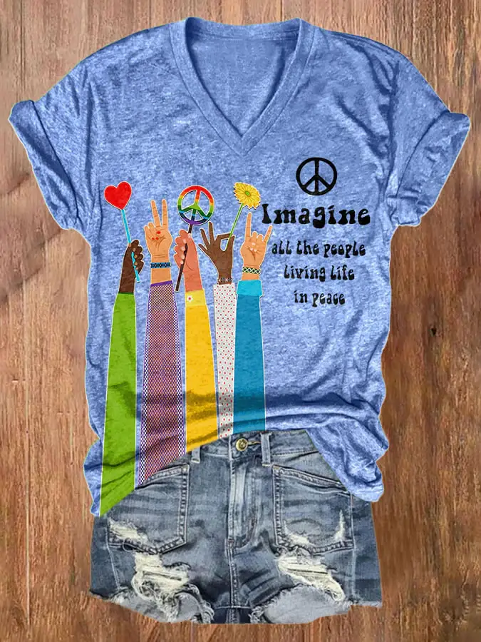 V-neck Retro Hippie Imagine All The People Living Life In Peace Print Shirt