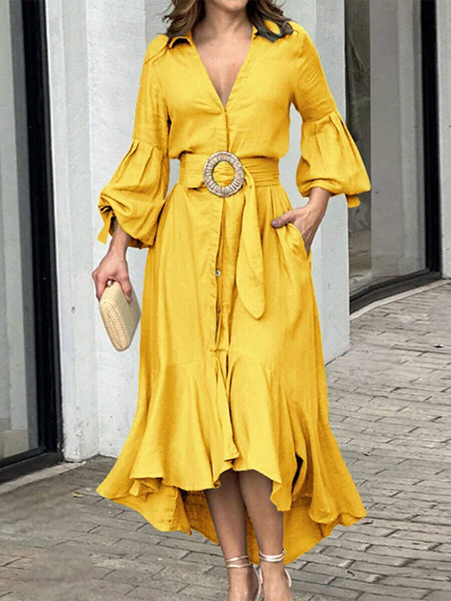 🔥Summer Arrivals🌟Women's Solid Color V-neck Long Sleeve Casual Loose A-line Dress
