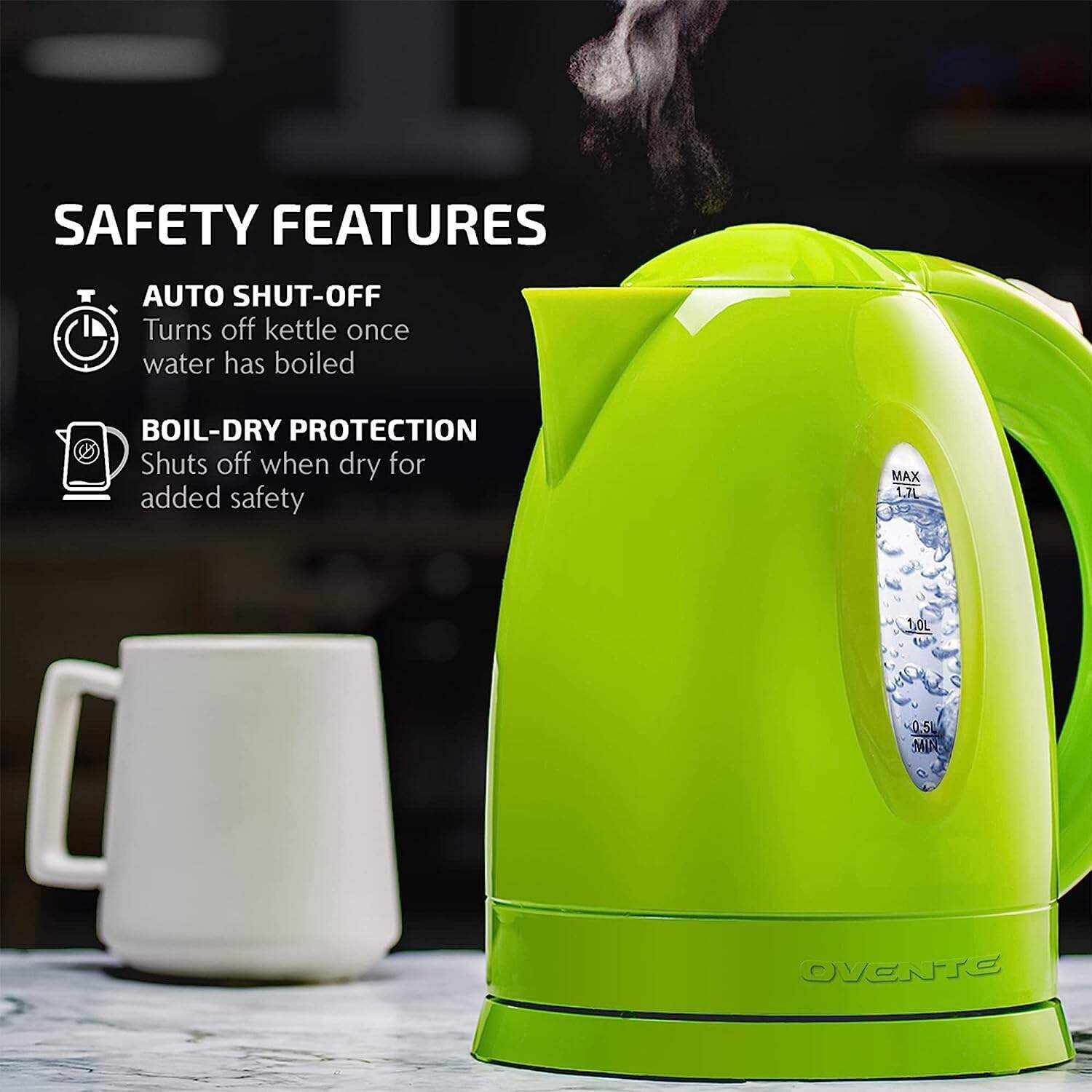 OVENTE Electric Kettle Hot Water Heater 1.7 Liter - BPA Free Fast Boiling Cordless Water Warmer - Auto Shut Off Instant Water Boiler for Coffee & Tea Pot - White KP72W