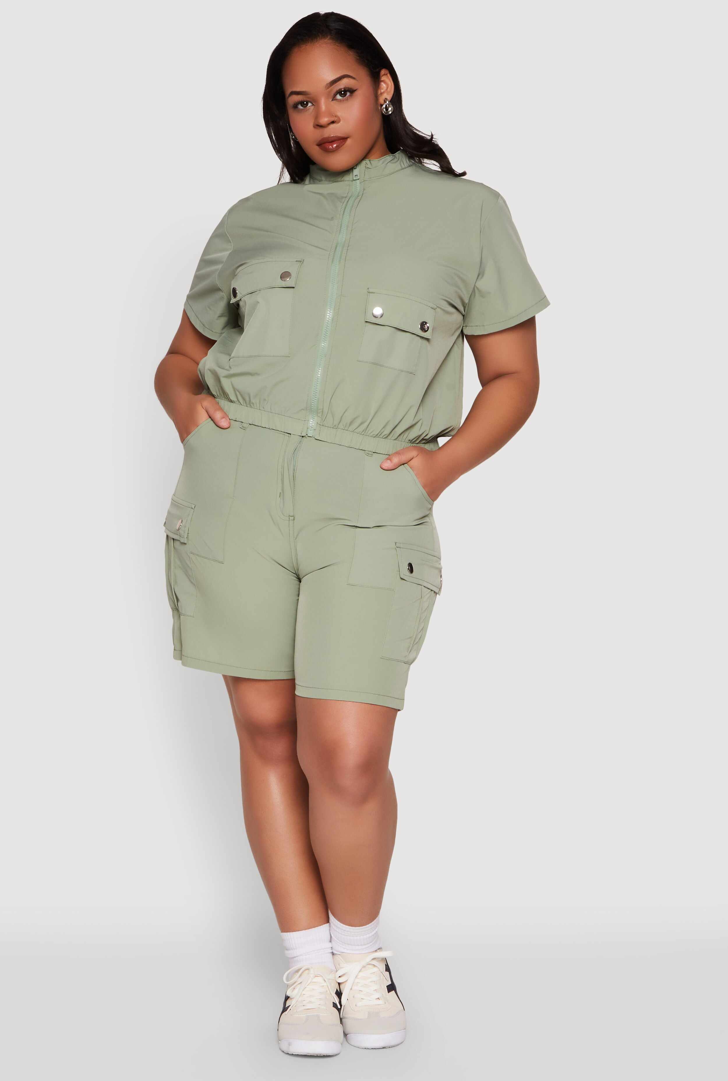 Plus Size Nylon High Waist Cargo Shorts